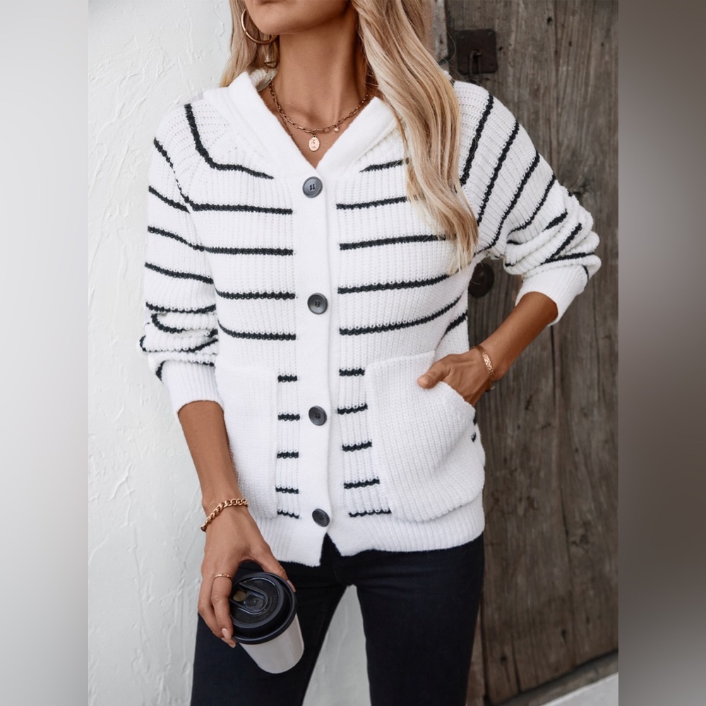 Striped Button Up Long Sleeve Hooded Cardigan - Picture 3 of 7